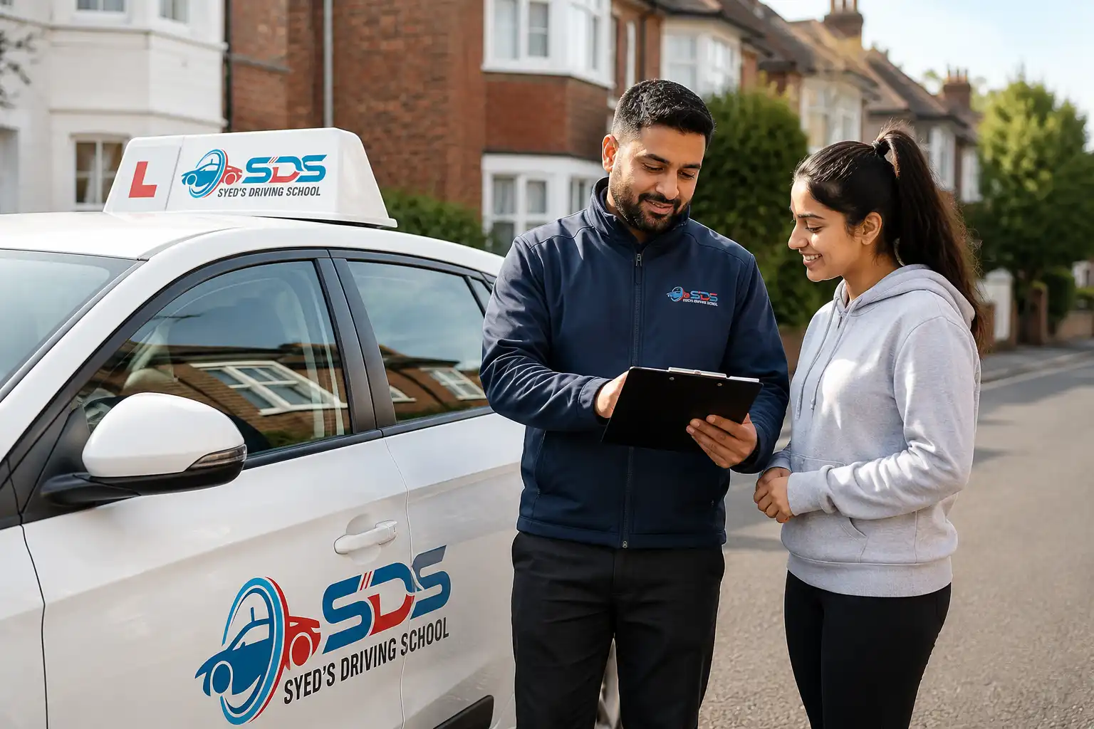 Syed’s Driving School instructor helping a learner beside a branded tuition car